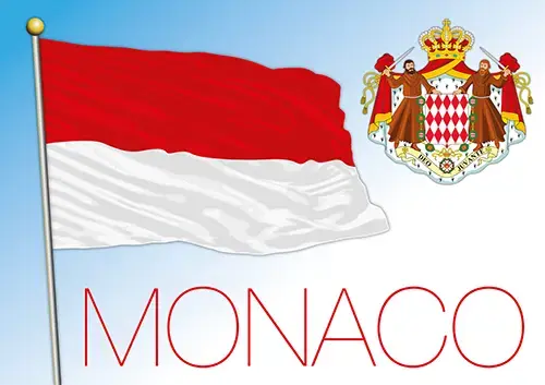 Monaco’s red-and-white flag on a pole with the Monaco coat of arms and the word “MONACO” on a light blue background