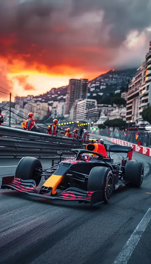 Formula 1 car racing on the Monte Carlo street circuit in Monaco at sunset, reflecting Monaco lifestyle linked with Monaco residence and Monaco residency.