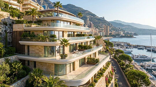 Modern luxury apartment building in Monaco overlooking Port Hercule, yachts, and the Mediterranean coastline with mountain backdrop.