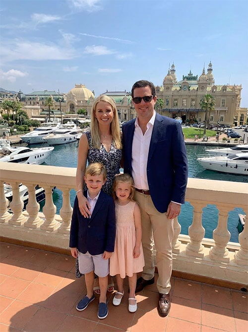 Smiling family posing in front of a black luxury car on a sunny, busy street - an image often used to represent Monaco residency, carte de sejours, and Monaco residence lifestyle.